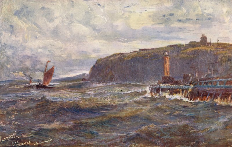 Penarth, wejście do portu w Cardiff (kolorowa litografia) autorstwa Edwin Hayes