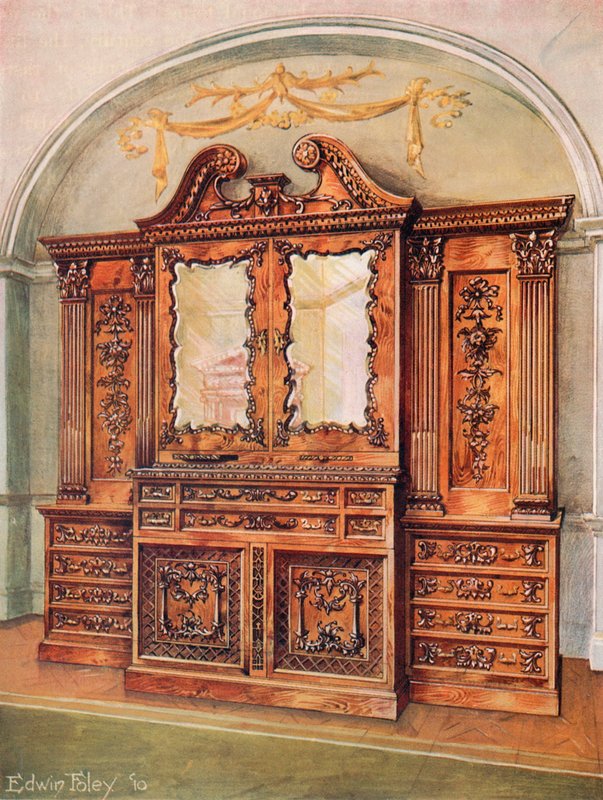 Rzeźbiony, zamknięty regał mahoniowy — styl chippendale — wpływy francuskie autorstwa Edwin John Foley
