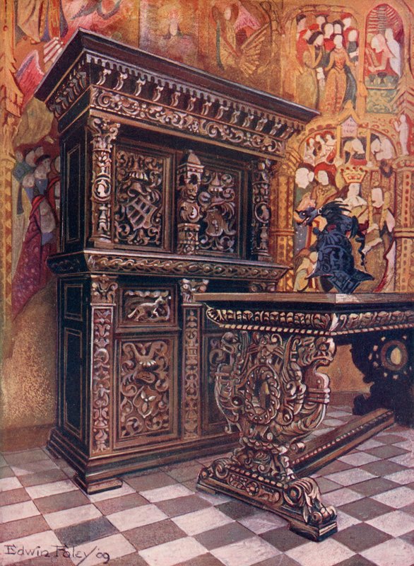 Rzeźbiona dębowa szafa z szyfrem Lamberta Suaviusa z Liege. Rzeźbiony stół dębowy autorstwa Edwin John Foley