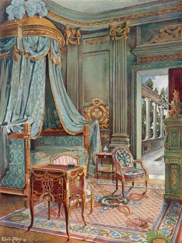 Rzeźbione i pozłacane łóżko z kopułą. Bureau-Toilette (Lub Petit Secretaire) w Marqueterie. Cartonnier w zielonym lakierze autorstwa Edwin John Foley