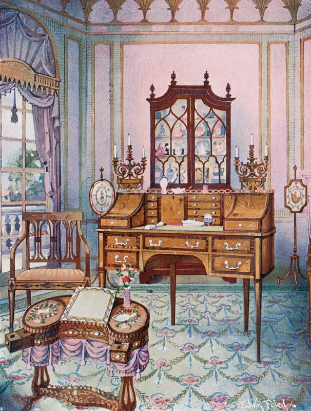 Inkrustowany mahoniowy cylinder - Chiny i pudełko na książki. Stół do rysowania i pisania w kształcie litery „D”. Stół roboczy firmy Sheraton. Ekrany banerowe, koniec XVIII wieku autorstwa Edwin John Foley