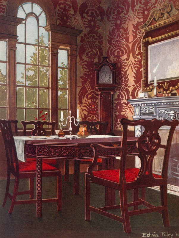Mahoniowe dzielone stoły do jadalni - jadalnia z Splat-Back Chairs autorstwa Edwin John Foley