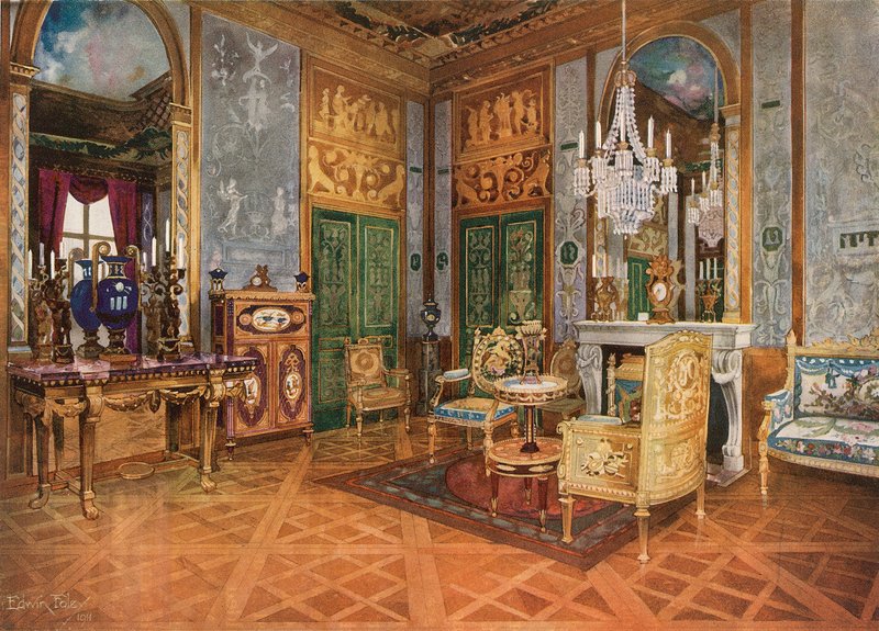 Salon de Musique Królowej Marii Antoniny, Pałac Fontainebleau, Francja. Konsola rzeźbiona i pozłacana. Pozłacana kanapa w gobelinie z Beauvais. Stół, zamontowany Ormolu iz tablicami Sevresa. Wkładka do kabiny autorstwa Edwin John Foley