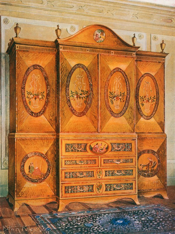Szafa z drewna satynowego, inkrustowana drewnem tulipanowym, drewnem zajęczym, ostrokrzewem, hebanem, mahoniem i innymi rodzajami drewna autorstwa Edwin John Foley