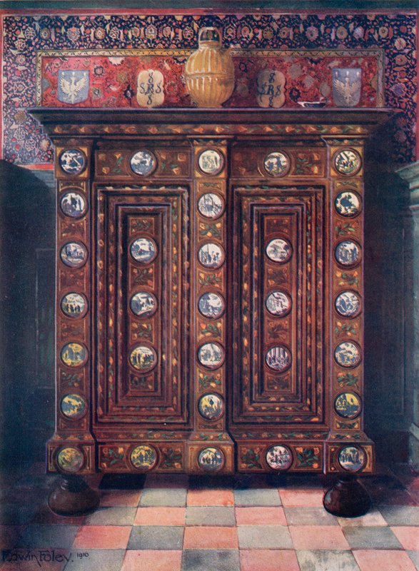 Orzech włoski Kas inkrustowany i z malowanymi medalionami z Delft Ware autorstwa Edwin John Foley