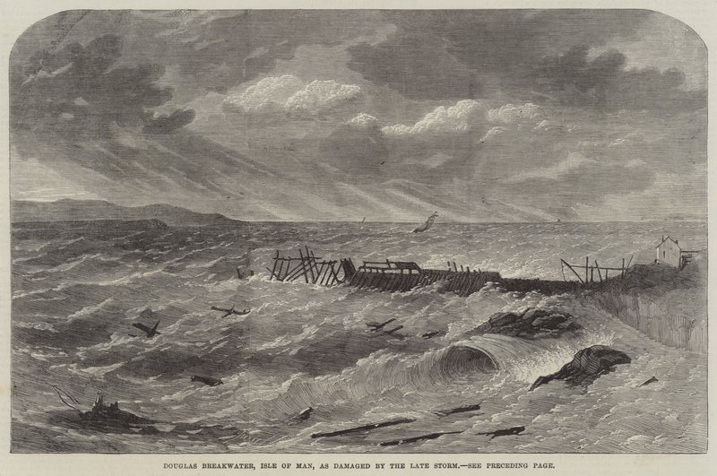 Douglas Breakwater, Isle of Man, uszkodzony przez późną burzę autorstwa Edwin Weedon