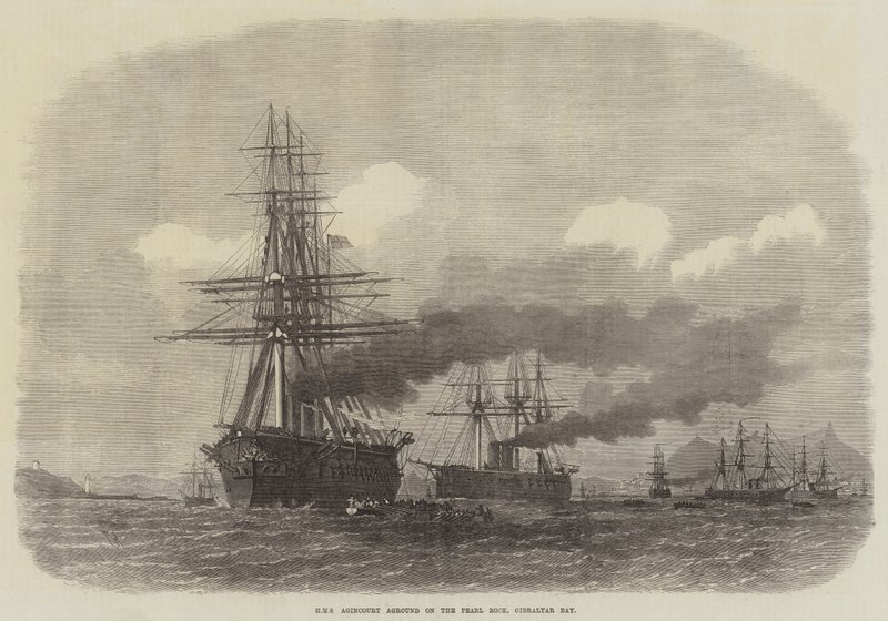 HMS Agincourt na mieliźnie na Pearl Rock, Gibraltar Bay autorstwa Edwin Weedon
