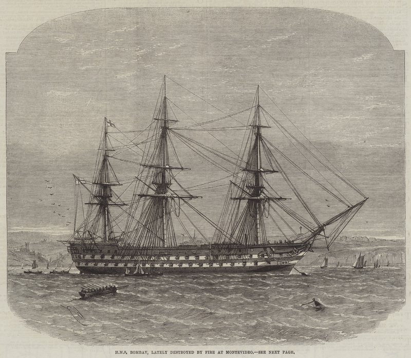 HMS Bombay, niedawno zniszczony przez ogień w Montevideo autorstwa Edwin Weedon