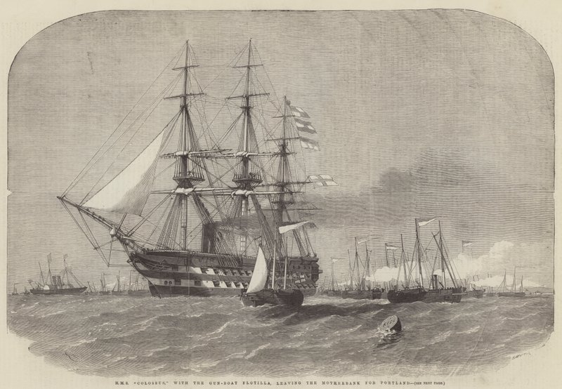 HMS Colossus wraz z Flotyllą Kanonierek opuszcza bank macierzysty dla Portland autorstwa Edwin Weedon