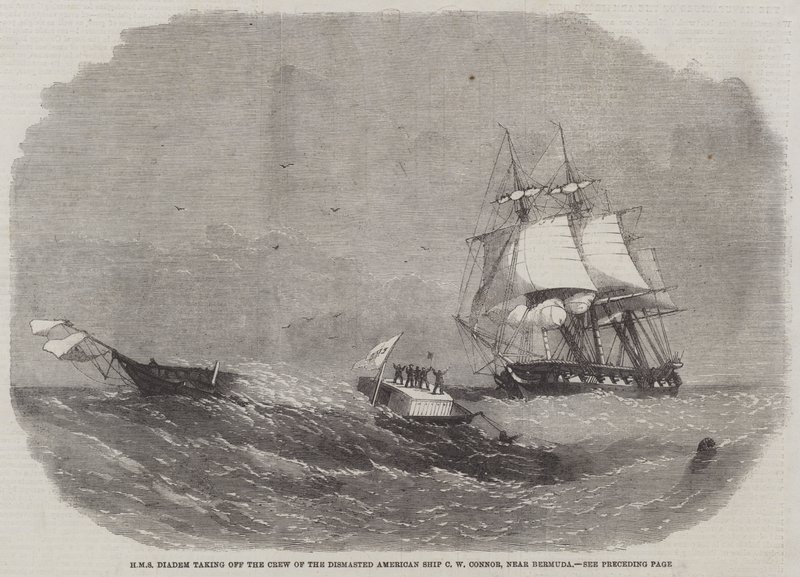 HMS Diadem startuje załogę z Dismasted American Ship CW Connor, niedaleko Bermudów autorstwa Edwin Weedon