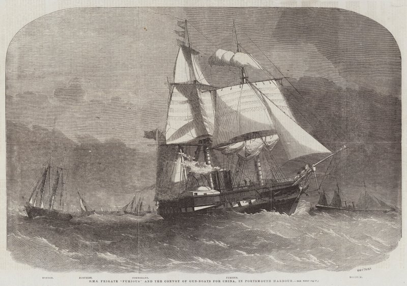 HMS Frigate Furious i konwój kanonierek do Chin, w porcie Portsmouth autorstwa Edwin Weedon