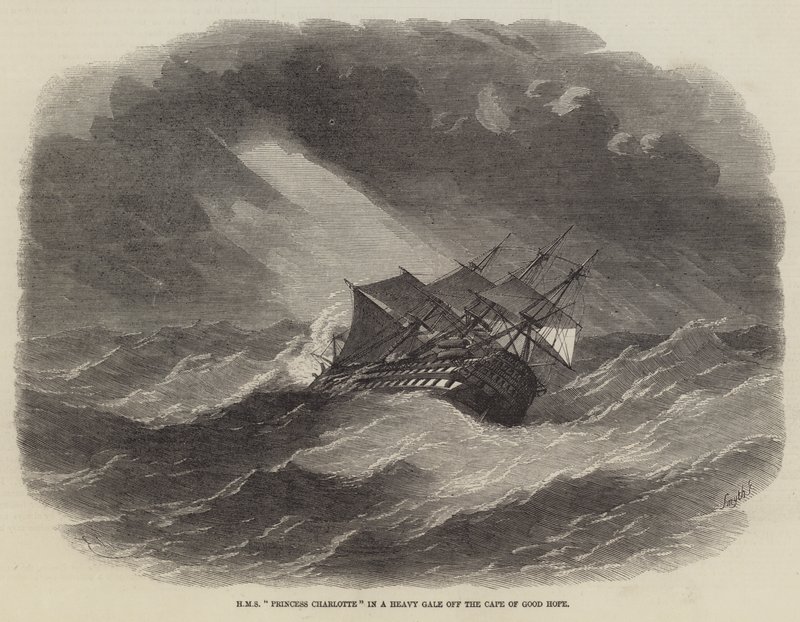 HMS Księżniczka Charlotte w ciężkim wichrze przy Przylądku Dobrej Nadziei autorstwa Edwin Weedon