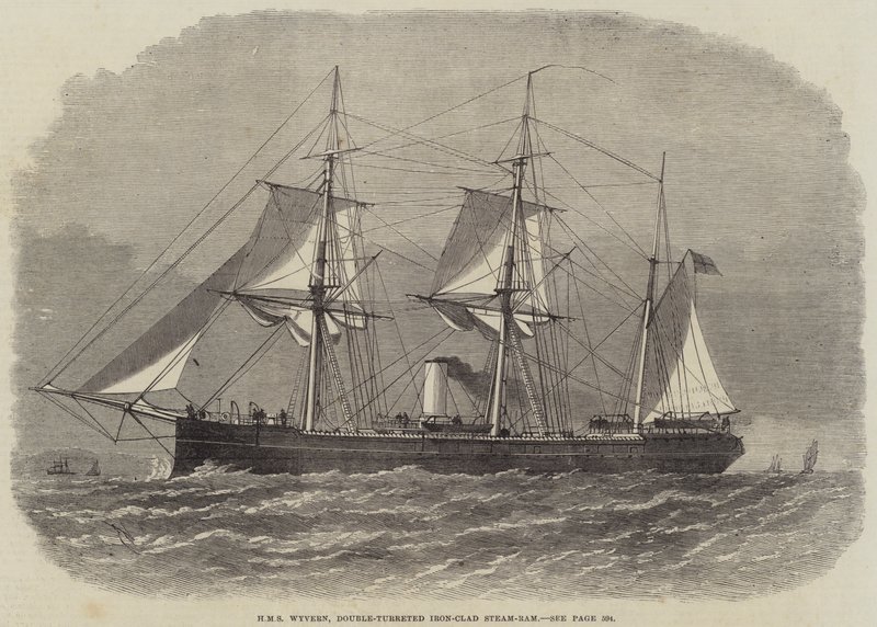HMS Wyvern, dwuwieżowy, żelazny taran parowy autorstwa Edwin Weedon