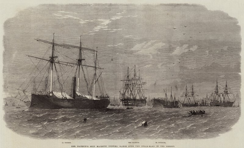 Statek Jej Królewskiej Mości Majestic pilnujący parowców na Mersey autorstwa Edwin Weedon