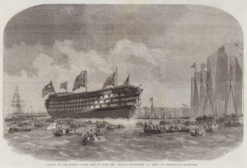 Wodowanie HM Screw Steam Ship of War Royal Sovereign, 131 Guns, w Portsmouth autorstwa Edwin Weedon
