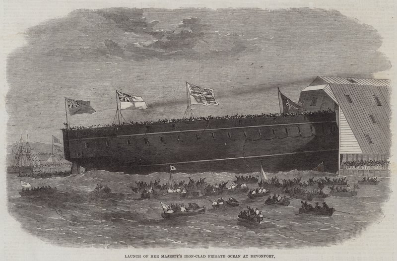 Wystrzelenie żelaznej fregaty Jej Królewskiej Mości Ocean w Devonport autorstwa Edwin Weedon