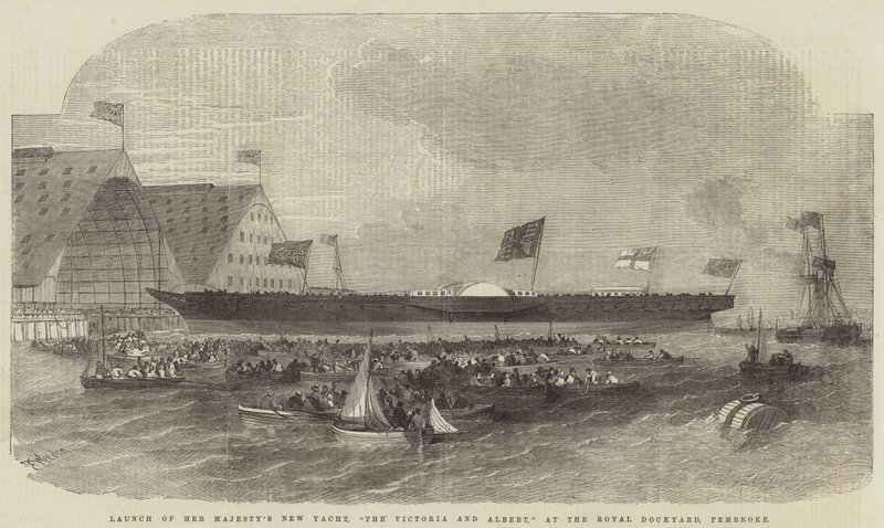 Wodowanie nowego jachtu Jej Królewskiej Mości, Victoria and Albert, w Royal Dockyard w Pembroke autorstwa Edwin Weedon