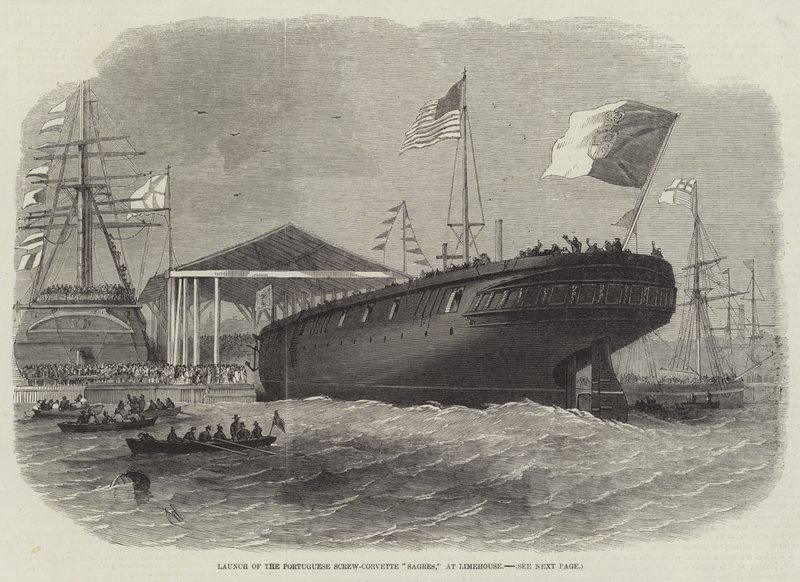 Premiera portugalskiego Sagres Screw-Corvette w Limehouse autorstwa Edwin Weedon