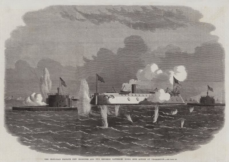Żelazna fregata New Ironsides i dwie baterie Ericssona wchodzą do akcji w Charleston autorstwa Edwin Weedon