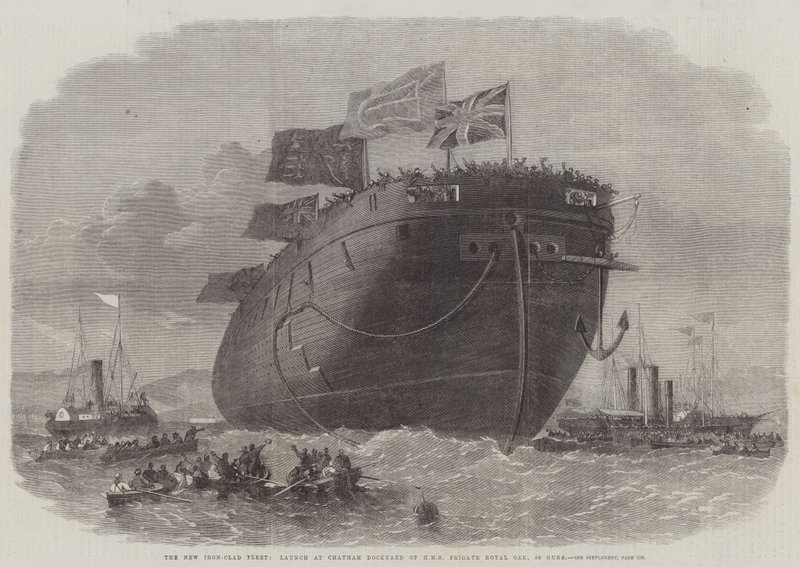 Nowa żelazna flota, wodowanie w Chatham Dockyard w HMS Frigate Royal Oak, 50 dział autorstwa Edwin Weedon