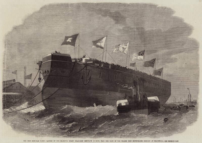 Nowa żelazna flota, wodowanie śrubowego statku parowego Jej Królewskiej Mości Minotaur 50, ze stoczni Thames Iron Shipbuilding Company w Blackwall autorstwa Edwin Weedon