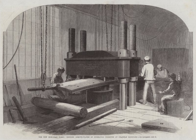 Nowa flota pancerna, gięcie płyt pancernych za pomocą ciśnienia hydraulicznego w stoczni Chatham autorstwa Edwin Weedon