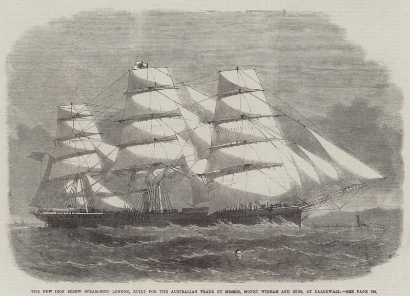 New Iron Screw Steam-ship London, zbudowany dla handlu australijskiego przez Messers Money Wigram and Sons, w Blackwall autorstwa Edwin Weedon
