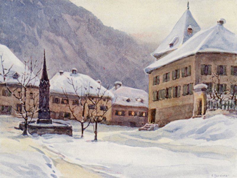 Ren: Chur, Coire, Plac Katedralny (kolorowa litografia) autorstwa Effie Jardine