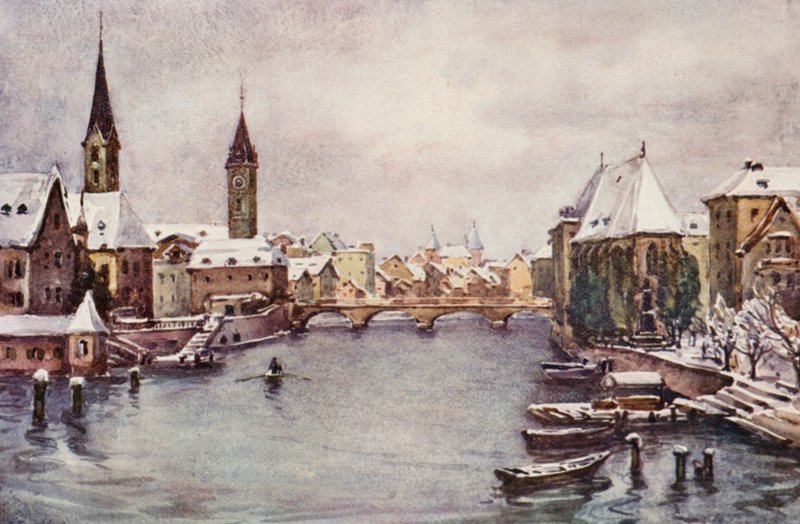 Ren: Rzeka w Zurychu, zima (kolorowa litografia) autorstwa Effie Jardine