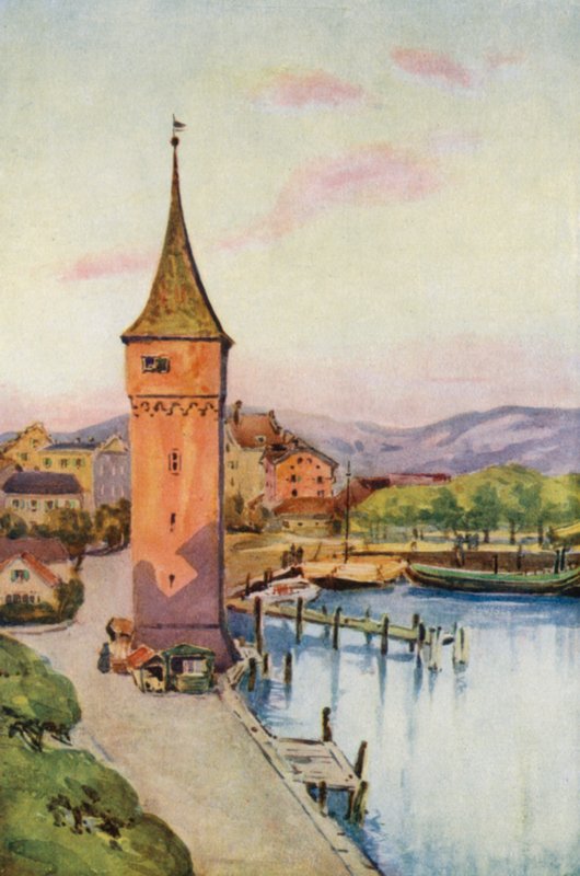 Ren: Wieża Lindau nad zatoką Boden See, jezioro Konstanz (kolorowa litografia) autorstwa Effie Jardine