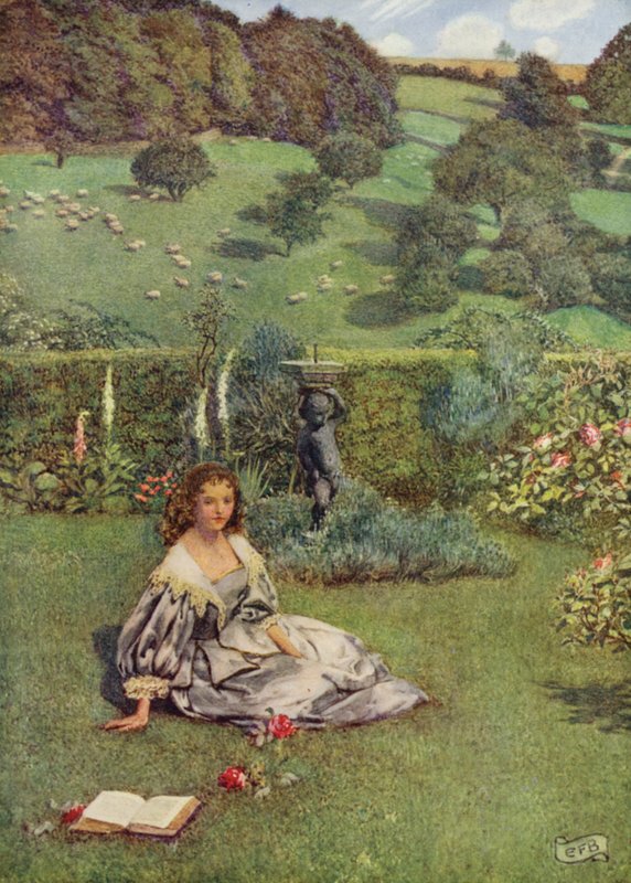 Róża tak jasna, jaką kiedykolwiek widziała północna rosła samotnie w małym ogródku (kolor lito) autorstwa Eleanor Fortescue Brickdale