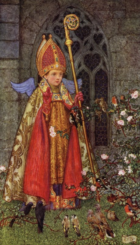 Witaj biskupie Valentine, czyj to dzień! Całe powietrze jest twoją diecezją I całe ćwierkanie  (kolor lito) autorstwa Eleanor Fortescue Brickdale