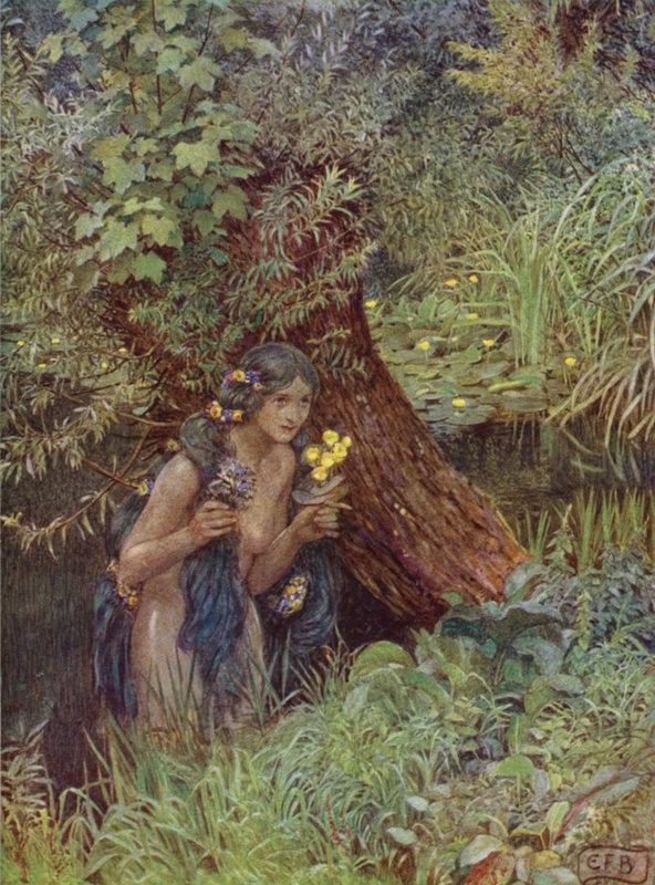 Z ładnymi, zielonkawymi lokami, wszystkie luźno rozwiązane, Jak każda była panną młodą (kolor lito) autorstwa Eleanor Fortescue Brickdale