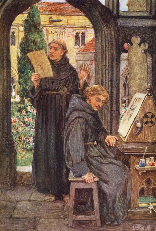Ilustracja do książki The Gathering of Brother Hilarius autorstwa Michaela Fairlessa (kolorowa litografia) autorstwa Eleanor Fortescue Brickdale