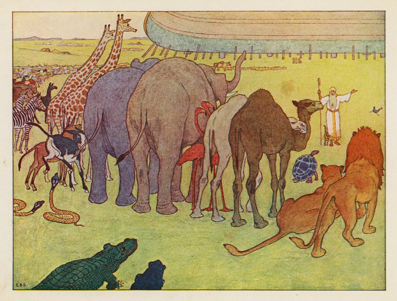 Arka Noego: Składanie zwierząt (kolorowa litografia) autorstwa Elmer Boyd Smith