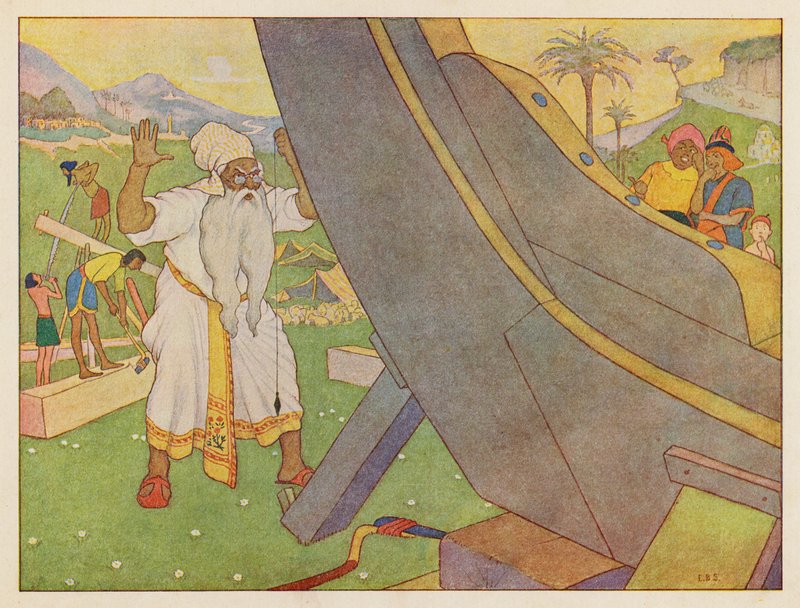 Arka Noego: Budowa arki (kolorowa litografia) autorstwa Elmer Boyd Smith