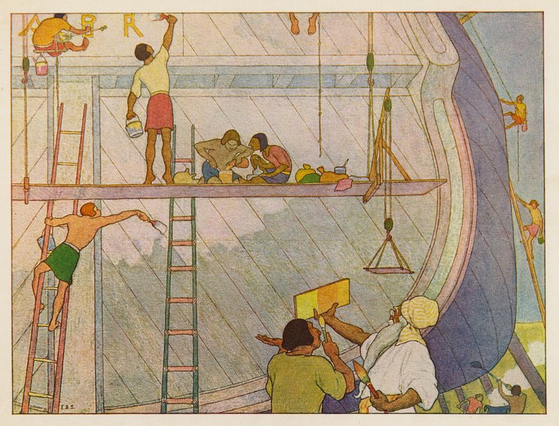 Arka Noego: Malowanie arki (litografia kolorowa) autorstwa Elmer Boyd Smith