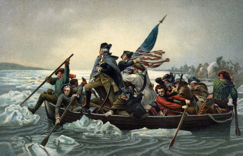 George Washington przekracza Delaware podczas amerykańskiej wojny o niepodległość, 25 grudnia 1776 (chromolitho) autorstwa Emanuel Gottlieb (after) Leutze