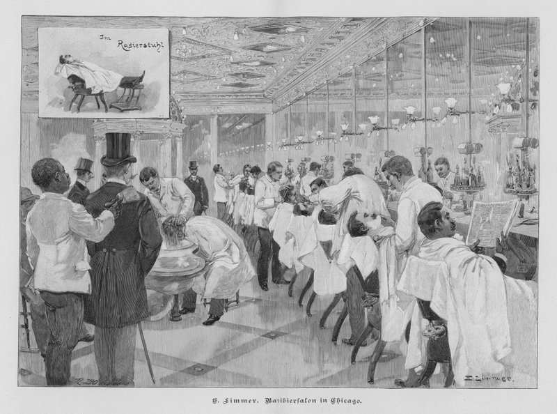 Barbershop w Chicago, Illinois, USA (grawerowanie) autorstwa Emil (after) Limmer