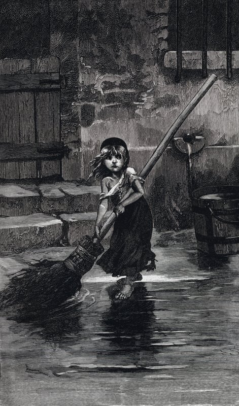 Scena z Les Miserables, autorstwa Victora Hugo: Cosette zamiatająca (rycina) autorstwa Emile Antoine (after) Bayard