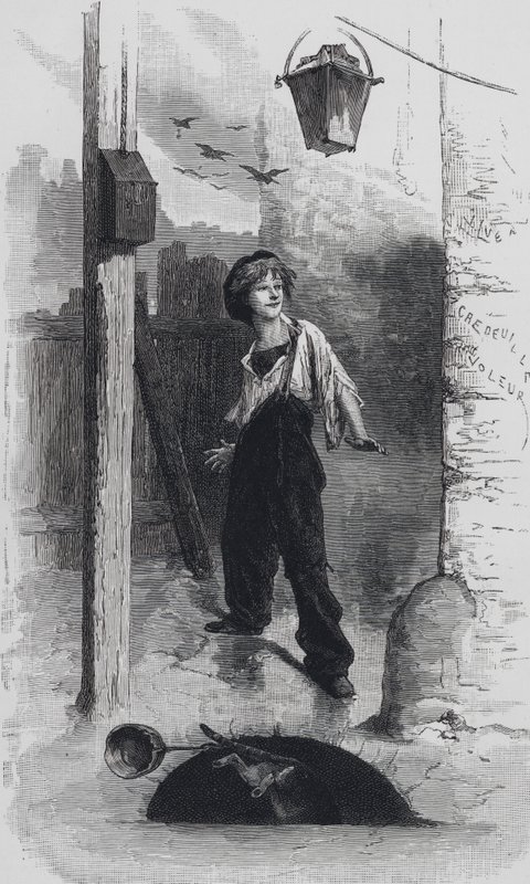 Scena z Les Miserables, autorstwa Victora Hugo: Gavroche (rycina) autorstwa Emile Antoine (after) Bayard