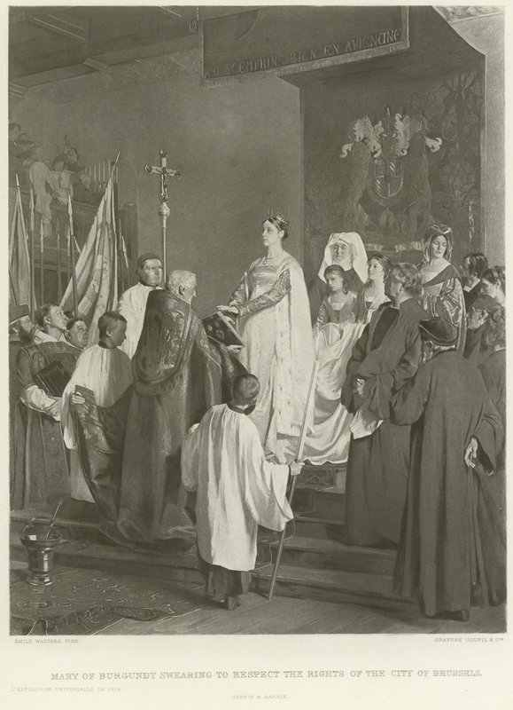Maria Burgundzka przysięgająca szanować prawa miasta Brukseli (wklęsłodruk) autorstwa Emile Charles Wauters