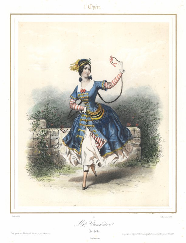 Francuska tancerka baletowa Adele Dumilatre tańcząca w Operze Paryskiej, ok. 1840 (kolor lito) autorstwa Emile Desmaisons