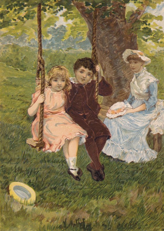 Chłopiec i dziewczynka siedzący na huśtawce (chromolitho) autorstwa Emily Jane Harding Andrews