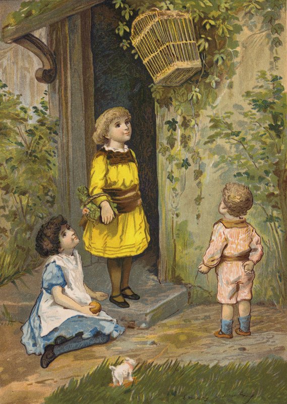 Dzieci podziwiające wiszący kosz (chromolitho) autorstwa Emily Jane Harding Andrews