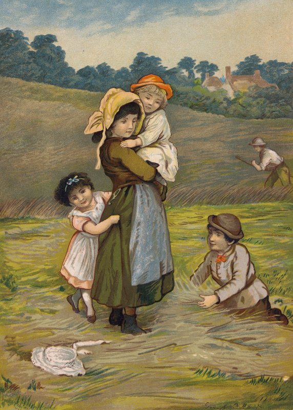 Dzieci z matką podczas żniw (chromolitho) autorstwa Emily Jane Harding Andrews