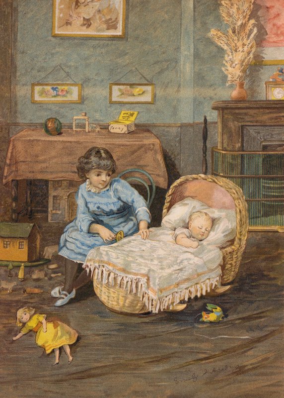Dziewczynka pilnująca dziecka w łóżeczku (chromolitho) autorstwa Emily Jane Harding Andrews
