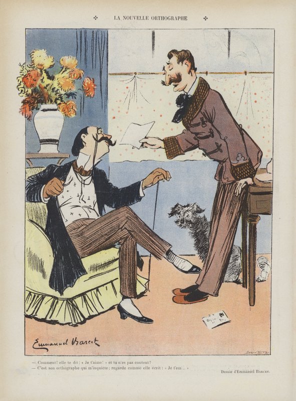 Nowa pisownia. Ilustracja do Le Rire autorstwa Emmanuel Barcet