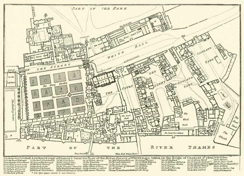Zmniejszona kopia planu Fishers Ground Plan Pałacu Królewskiego w Whitehall, wykonana za panowania Karola 2nd, 1680 autorstwa English School