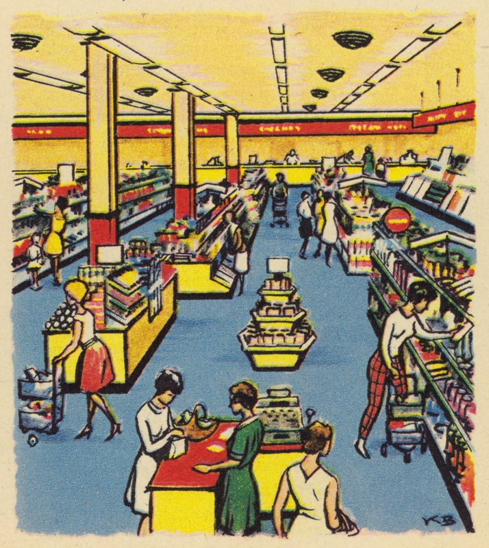 Wczesny sklep samoobsługowy lub supermarket w Wielkiej Brytanii, ok. 1950 autorstwa English School